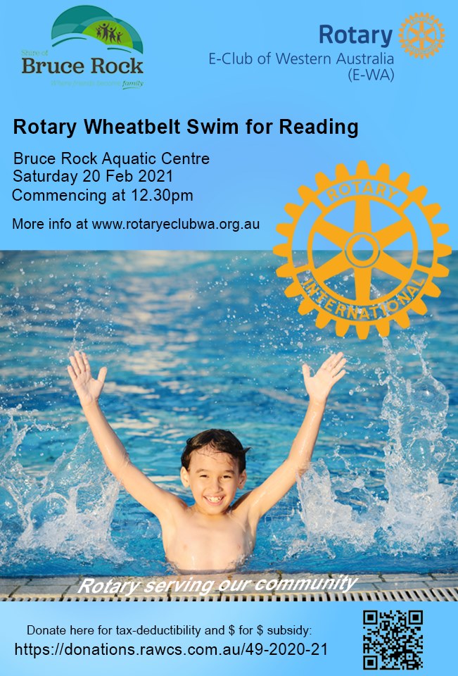 Poster image of the Rotary Wheatbelt Swim for Reading details with a kid who is cool in the pool!